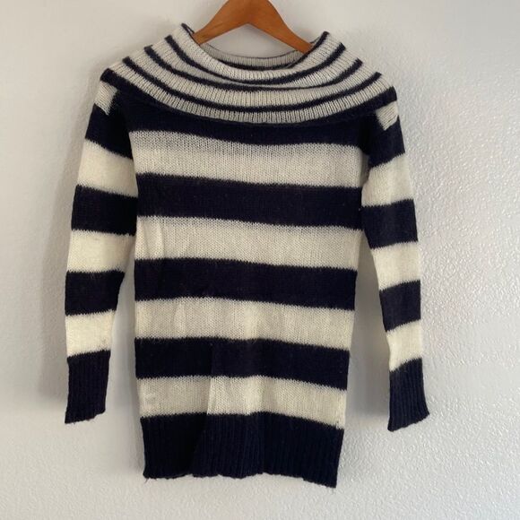 ANN TAYLOR LOFT  Striped Oversized Collar Mohair Blend Sweater Sz XS Black|white - Picture 1 of 3